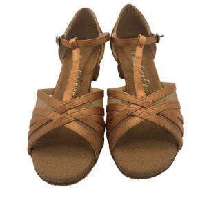 Very Fine Dancesport Womens Sz 6 Ballroom Dance Tan Satin T-Strap 1" Heel